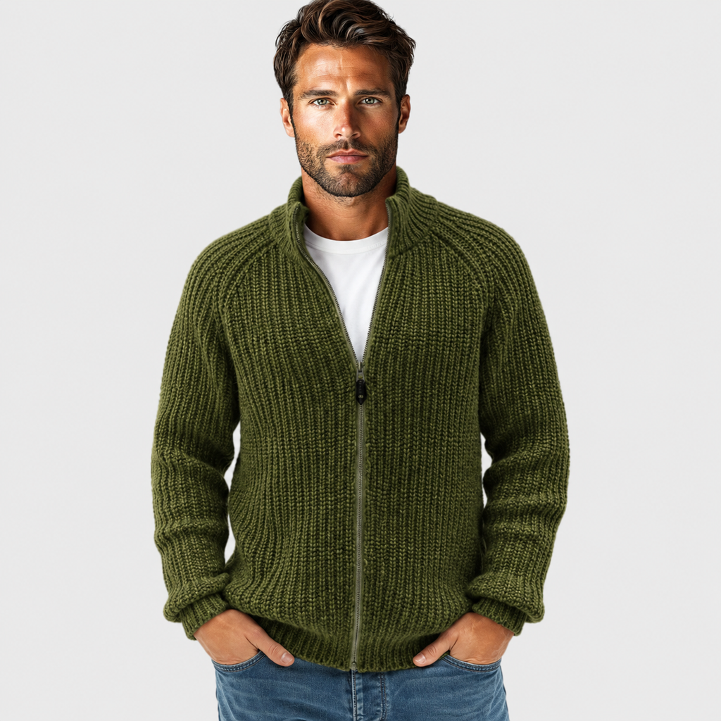 Men's Zip Cardigan - High Collar Long Sleeve Knit Sweater