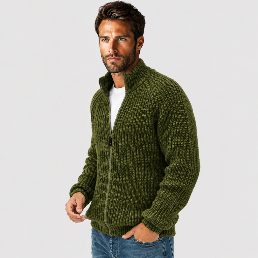 Men's Zip Cardigan - High Collar Long Sleeve Knit Sweater