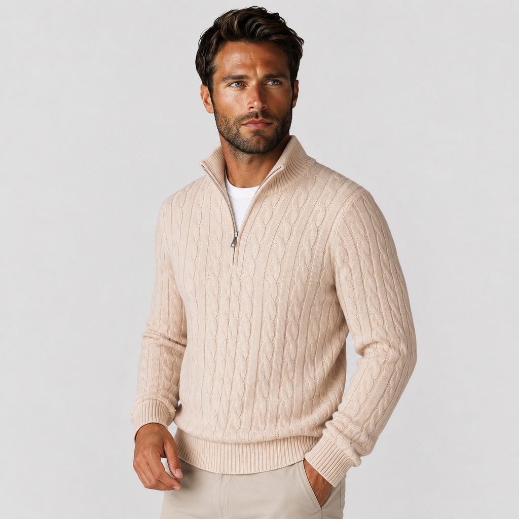 Men's Half-Zip Sweater - Cotton High Neck Long Sleeve