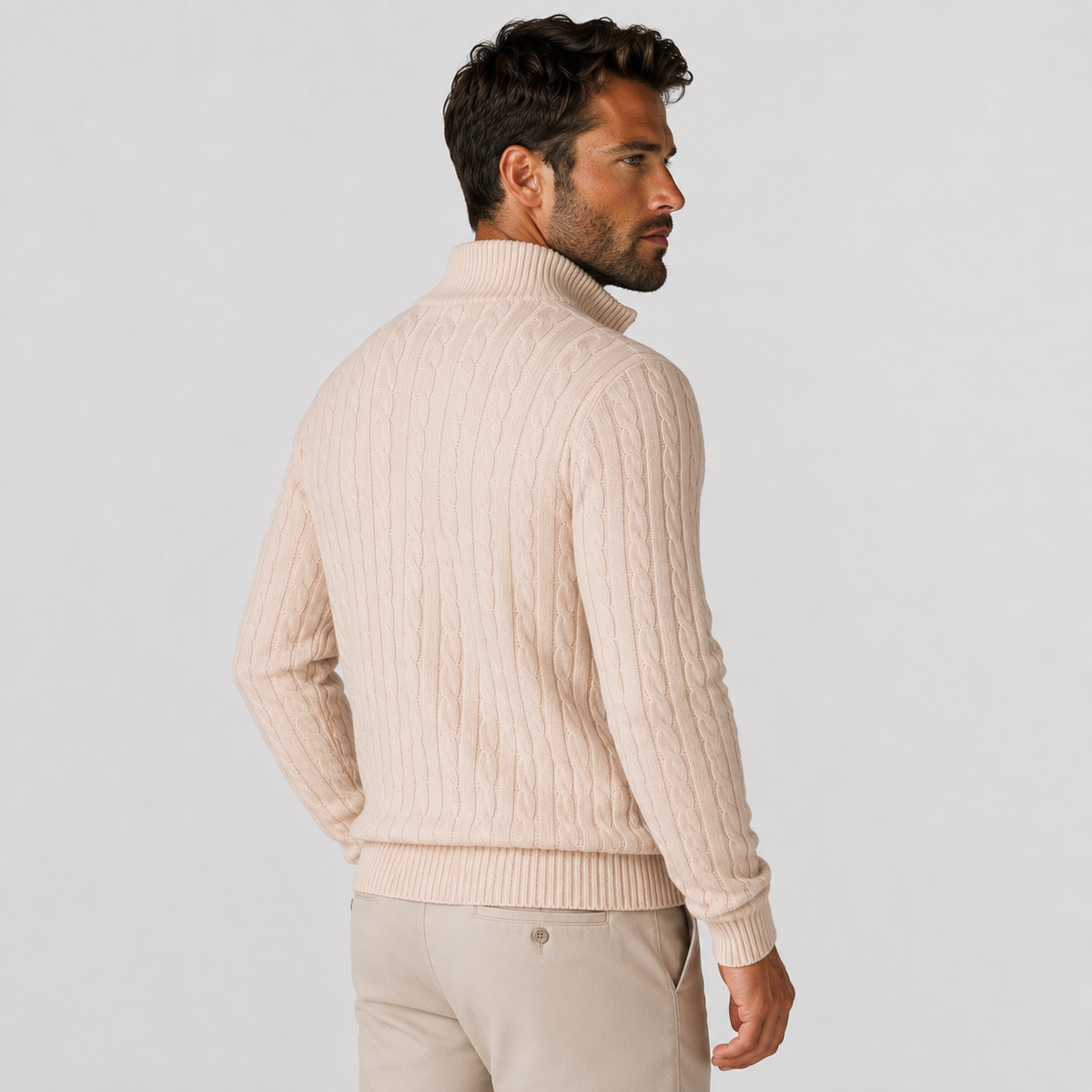 Men's Half-Zip Sweater - Cotton High Neck Long Sleeve