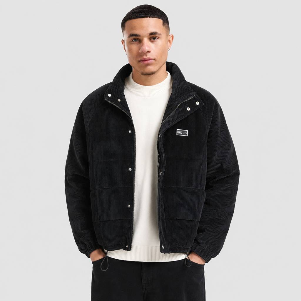Men's Puffer Jacket - Casual Outerwear with Patch Pockets