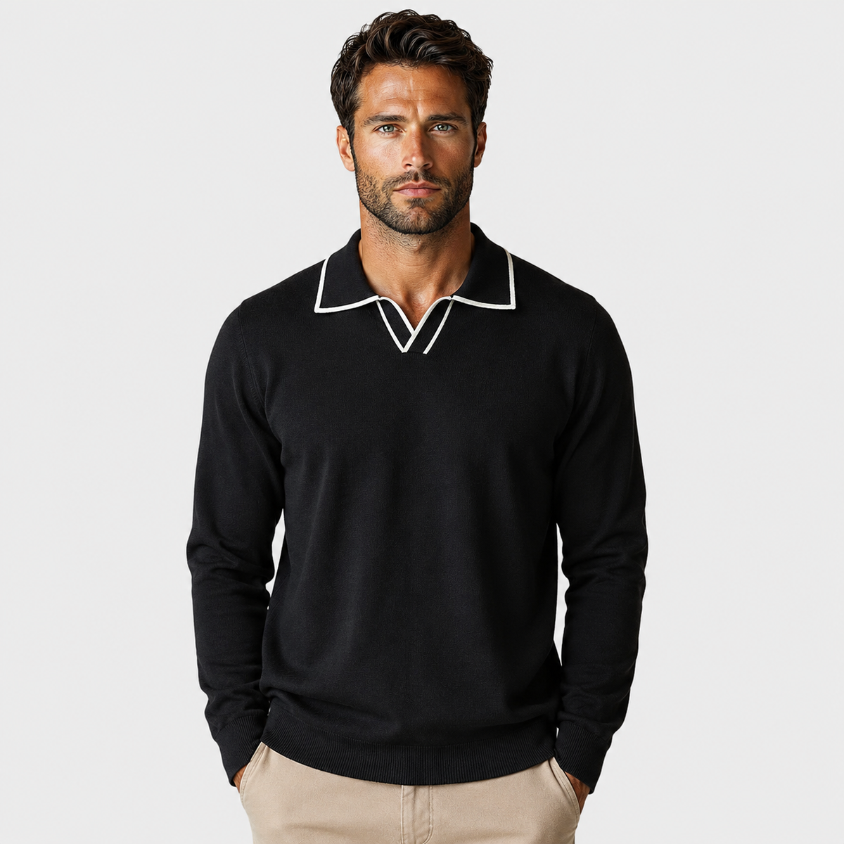 Men's Polo Collar Sweater - Loose Fit Long Sleeve Pullover