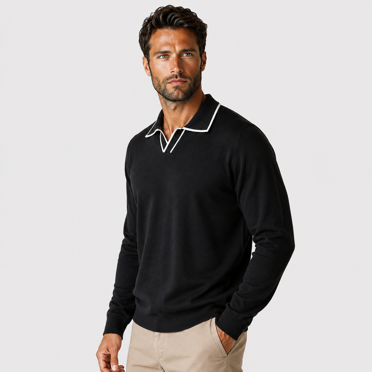 Men's Polo Collar Sweater - Loose Fit Long Sleeve Pullover