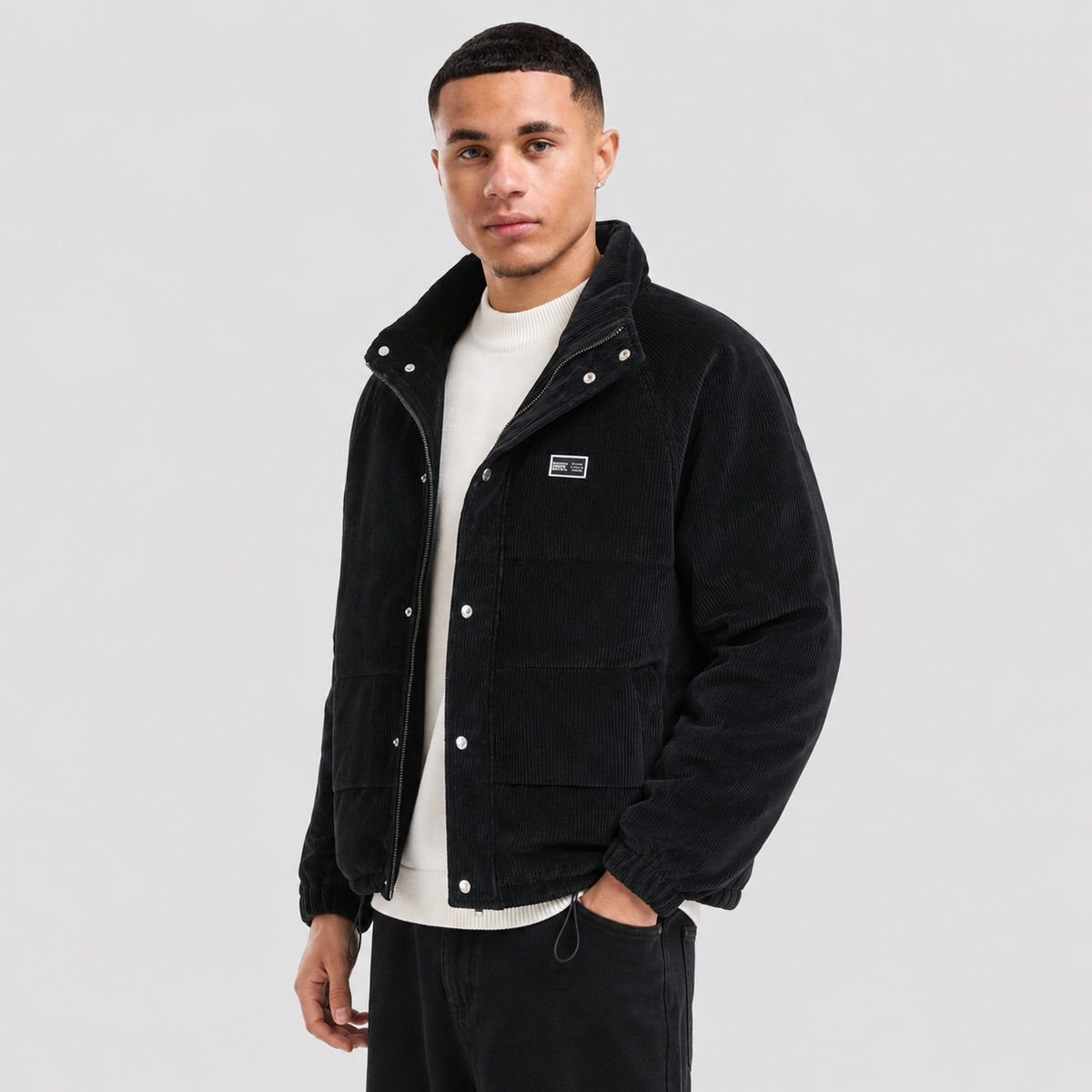 Men's Puffer Jacket - Casual Outerwear with Patch Pockets