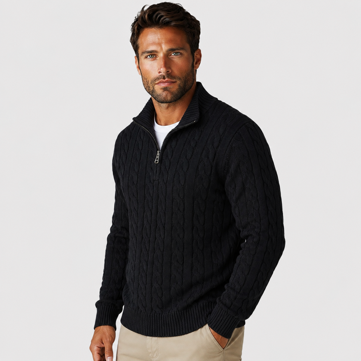 Men's Half-Zip Sweater - Cotton High Neck Long Sleeve