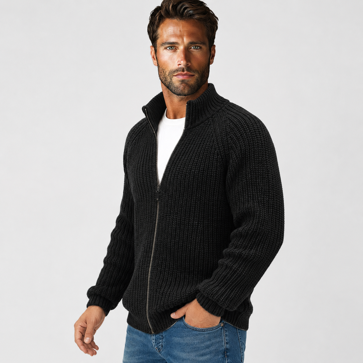 Men's Zip Cardigan - High Collar Long Sleeve Knit Sweater