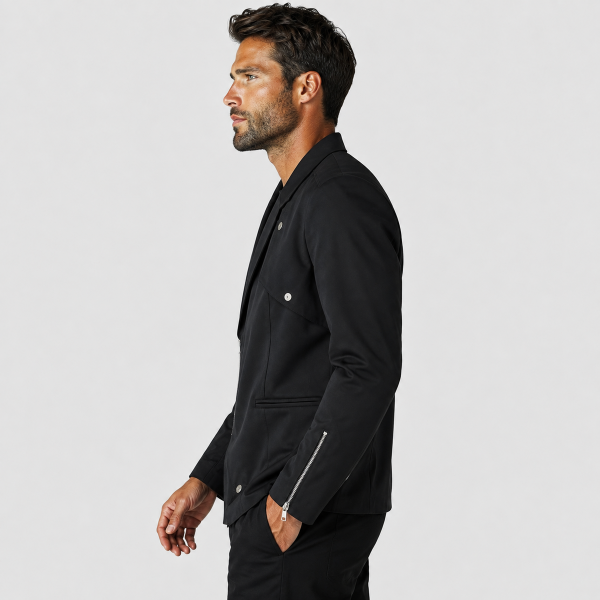 Men's Casual Jacket - Polyester Zip-Up Black Jacket