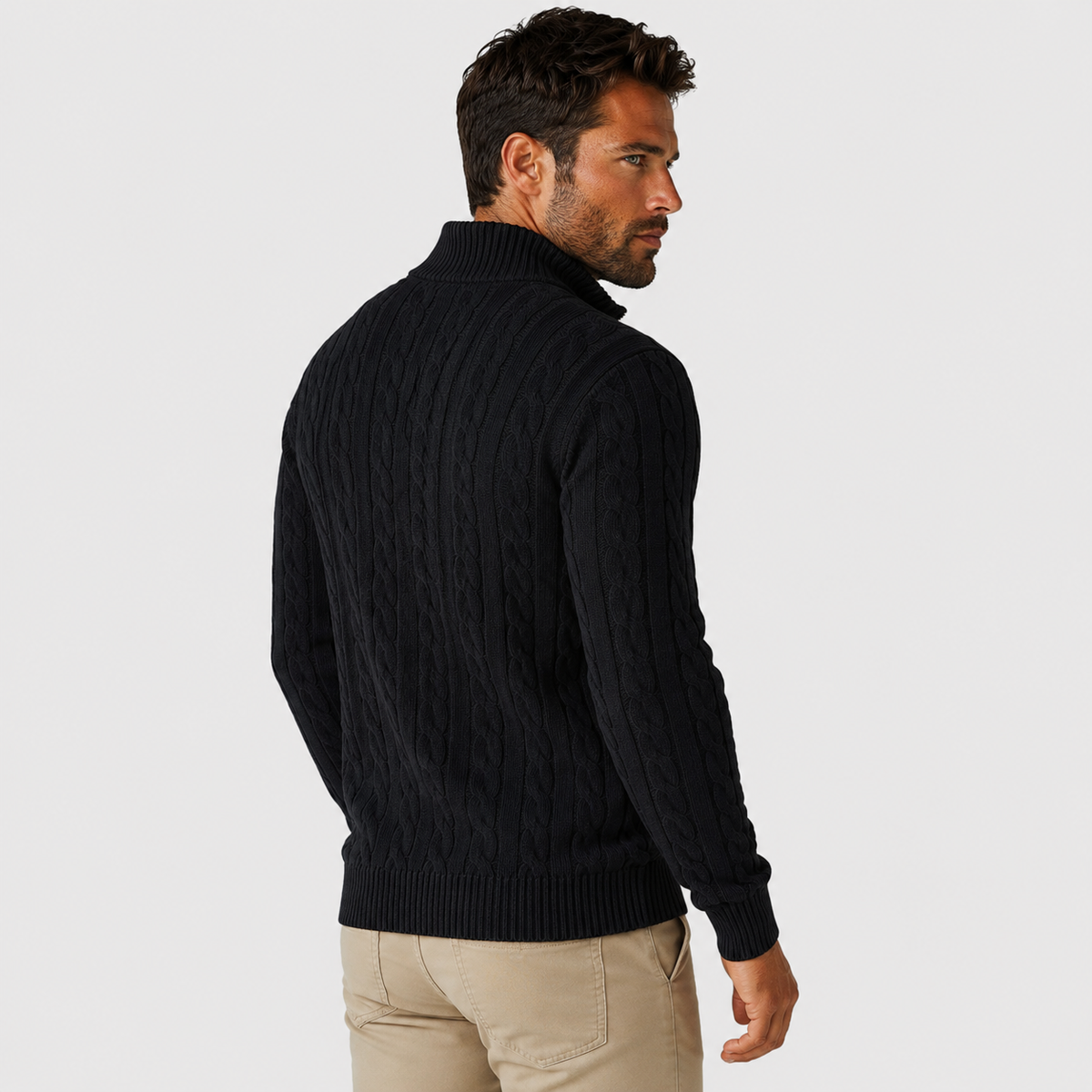 Men's Half-Zip Sweater - Cotton High Neck Long Sleeve