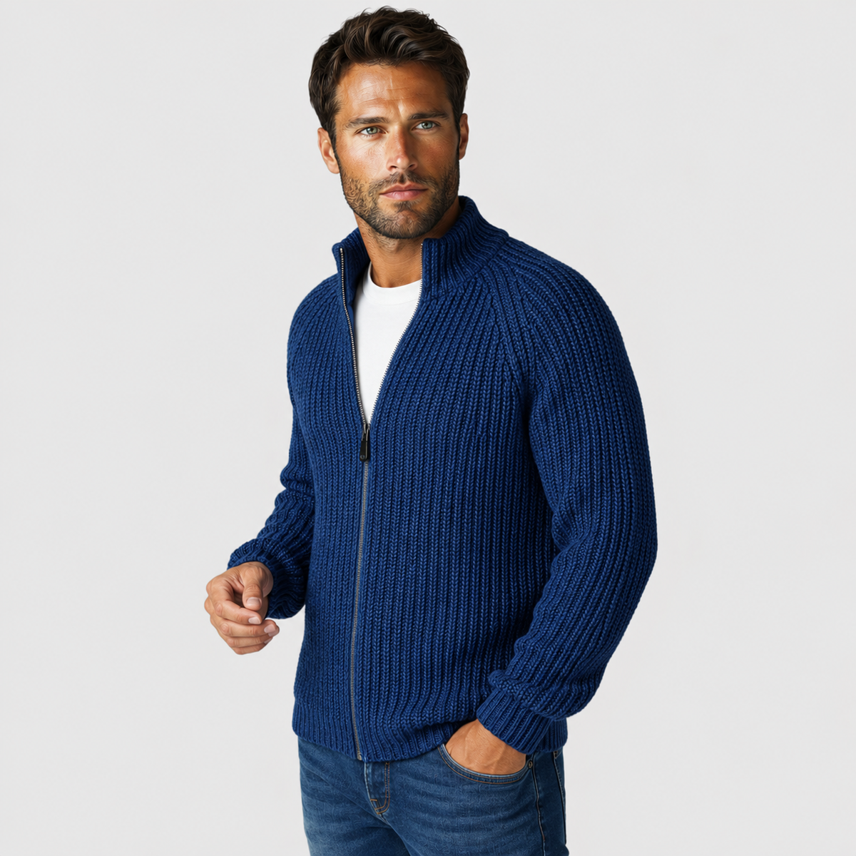 Men's Zip Cardigan - High Collar Long Sleeve Knit Sweater