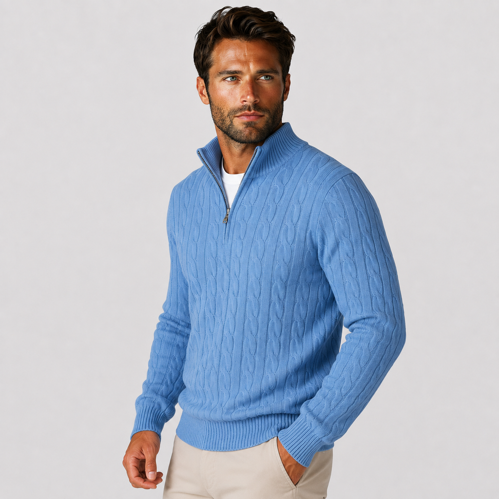 Men's Half-Zip Sweater - Cotton High Neck Long Sleeve