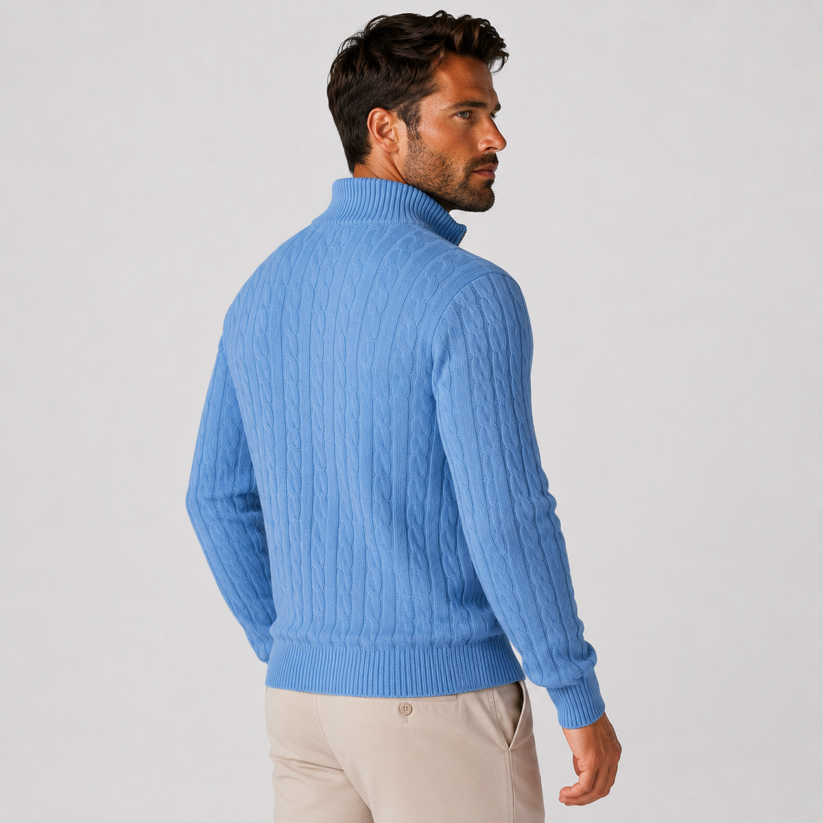 Men's Half-Zip Sweater - Cotton High Neck Long Sleeve