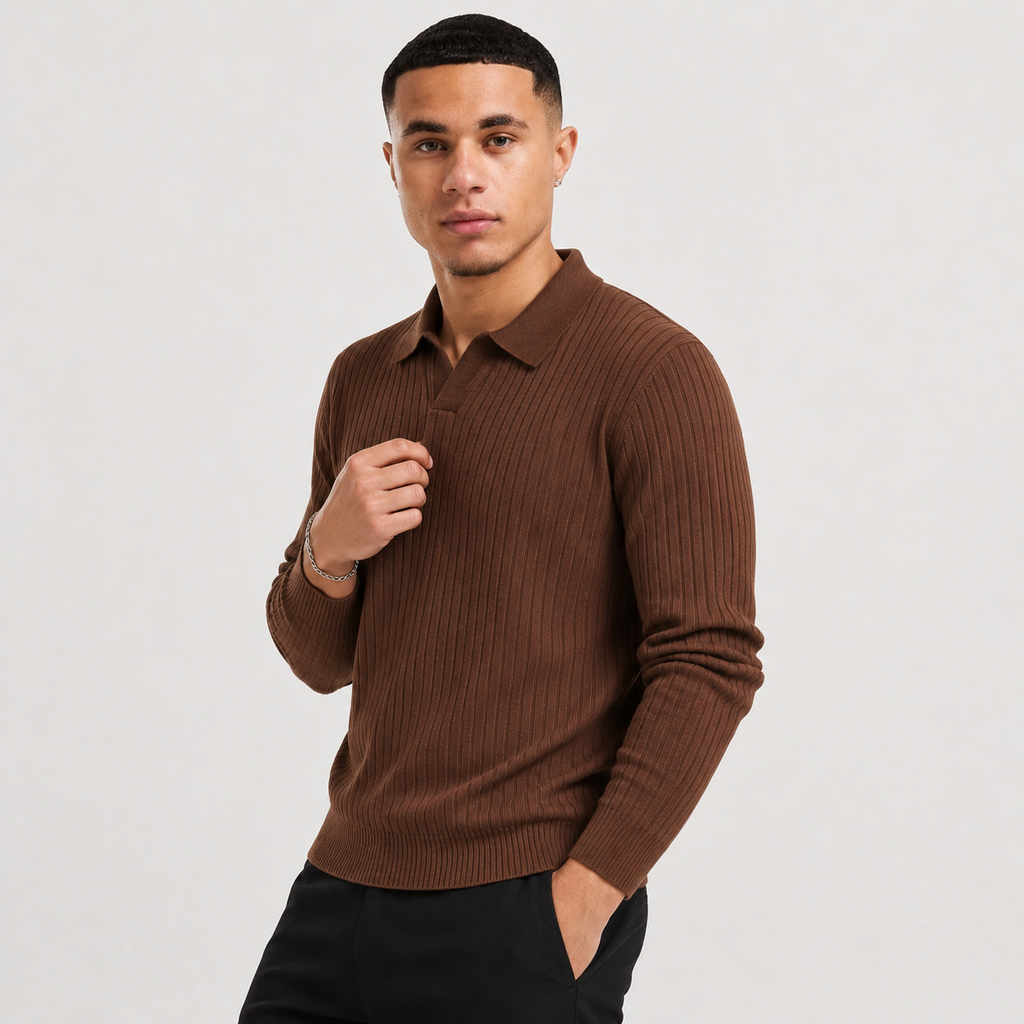 Men's Long Sleeve Polo Shirt - Waffle Knit Slim Fit