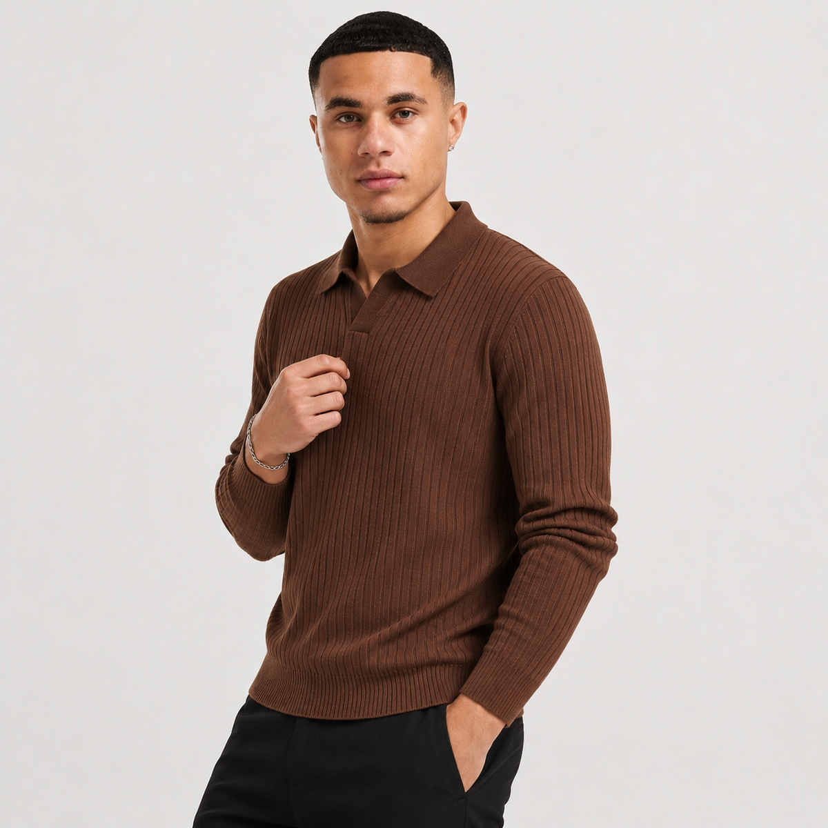 Men's Long Sleeve Polo Shirt - Waffle Knit Slim Fit