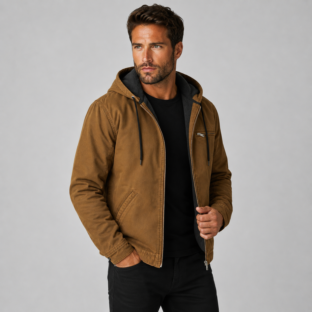 Men's Hooded Winter Coat - Long Loose Fit with Pockets