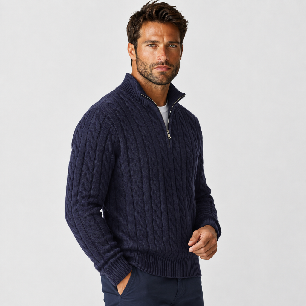 Men's Half-Zip Sweater - Cotton High Neck Long Sleeve