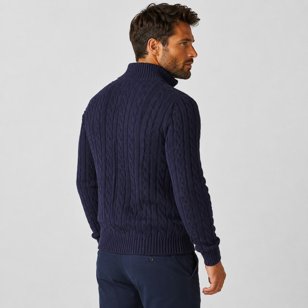 Men's Half-Zip Sweater - Cotton High Neck Long Sleeve