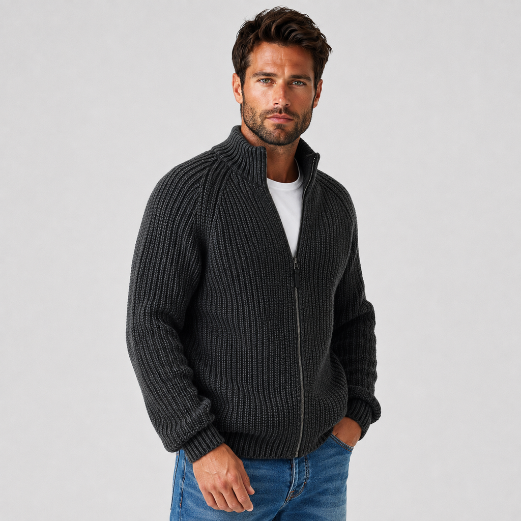 Men's Zip Cardigan - High Collar Long Sleeve Knit Sweater