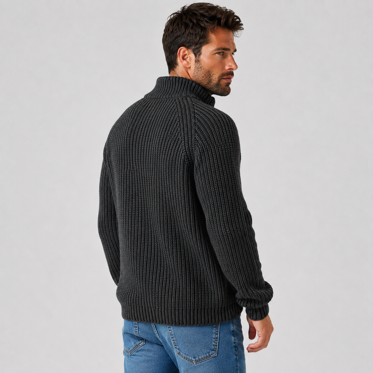 Men's Zip Cardigan - High Collar Long Sleeve Knit Sweater
