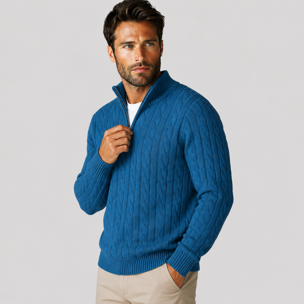 Men's Half-Zip Sweater - Cotton High Neck Long Sleeve