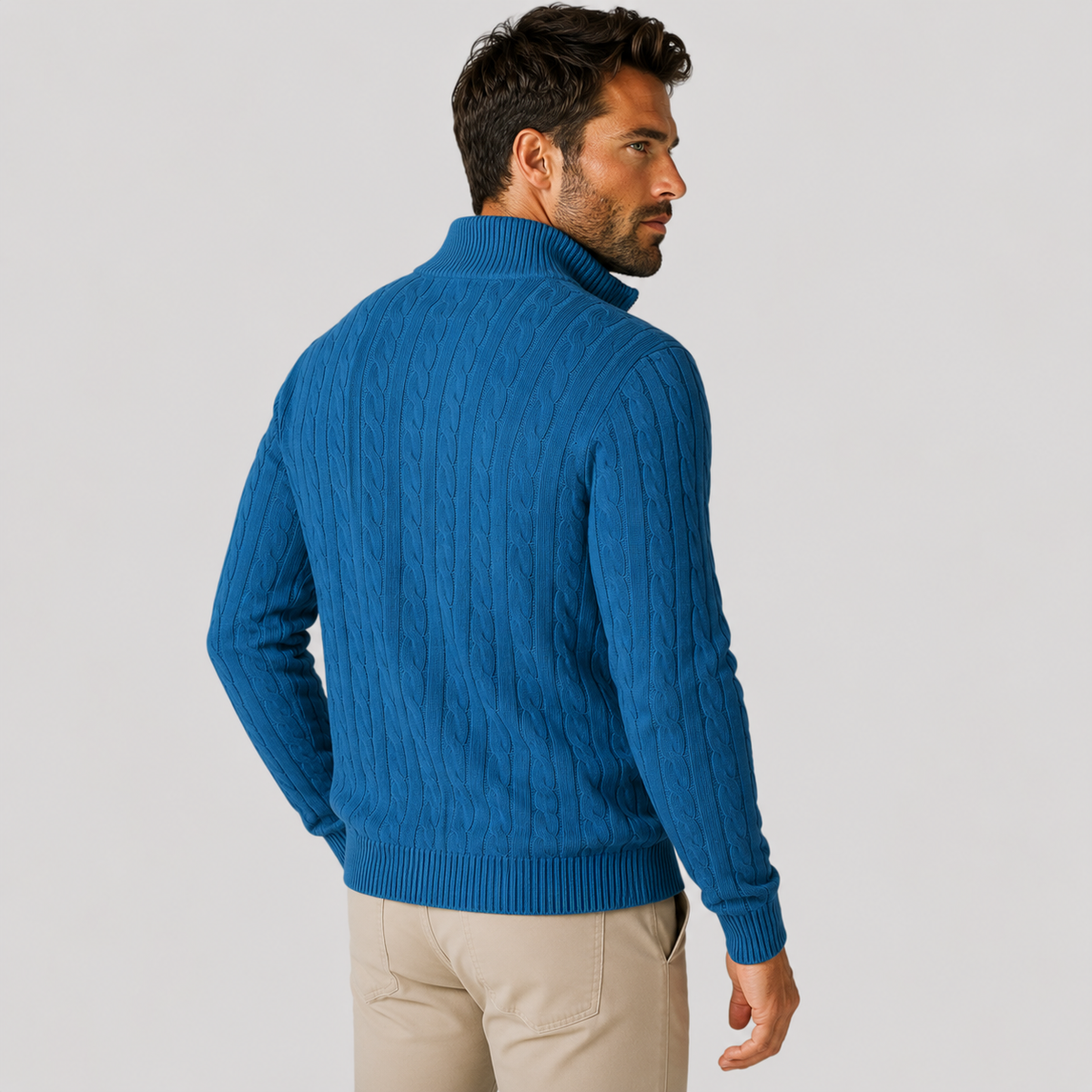 Men's Half-Zip Sweater - Cotton High Neck Long Sleeve