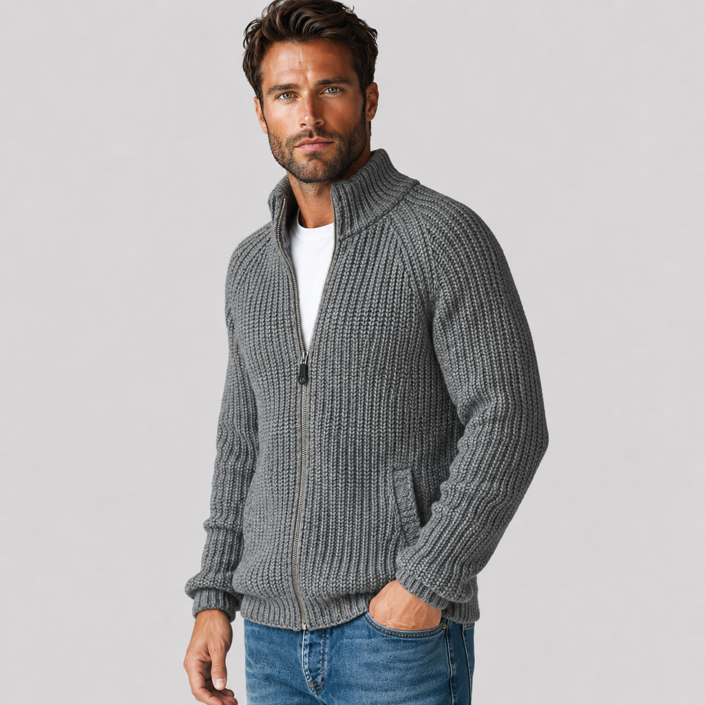 Men's Zip Cardigan - High Collar Long Sleeve Knit Sweater