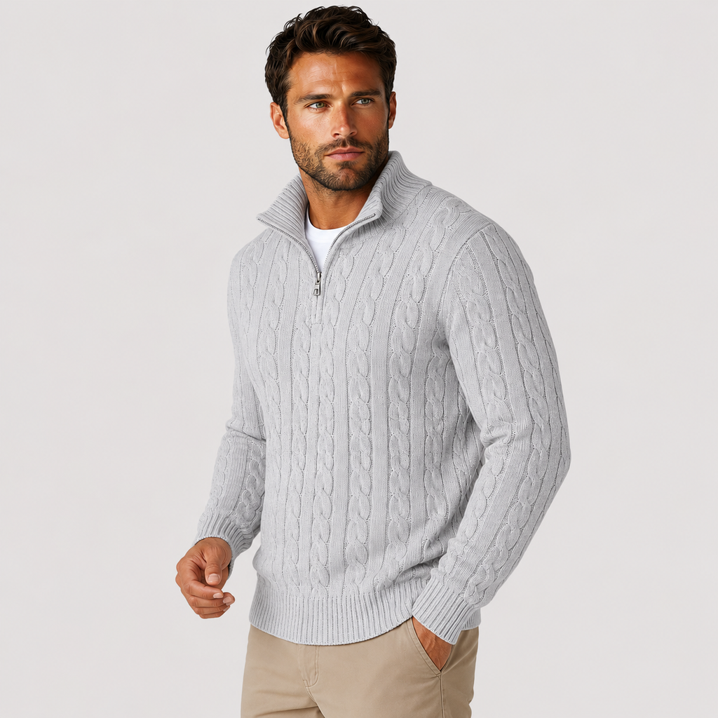 Men's Half-Zip Sweater - Cotton High Neck Long Sleeve