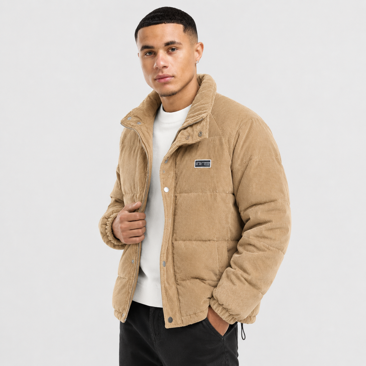 Men's Puffer Jacket - Casual Outerwear with Patch Pockets