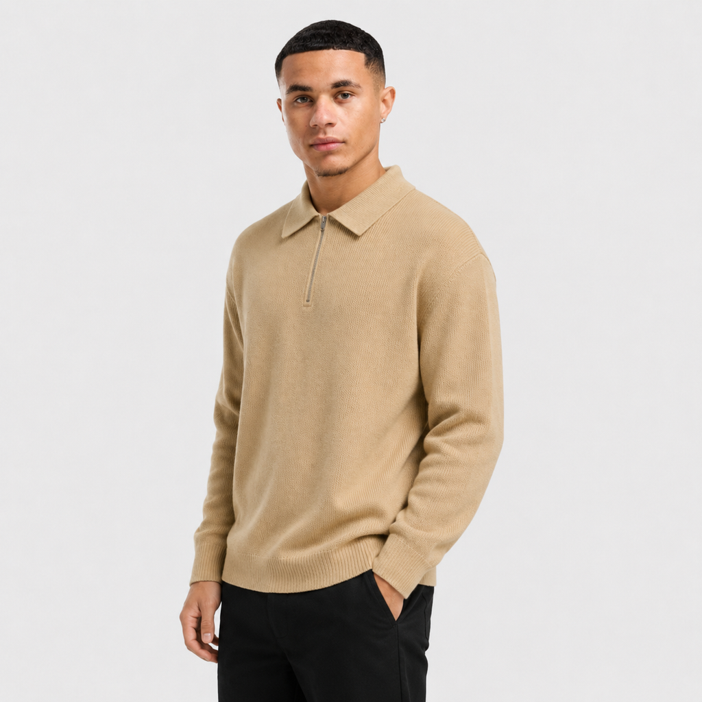 Men's Zip Polo Sweater - Slim Fit Long Sleeve Pullover