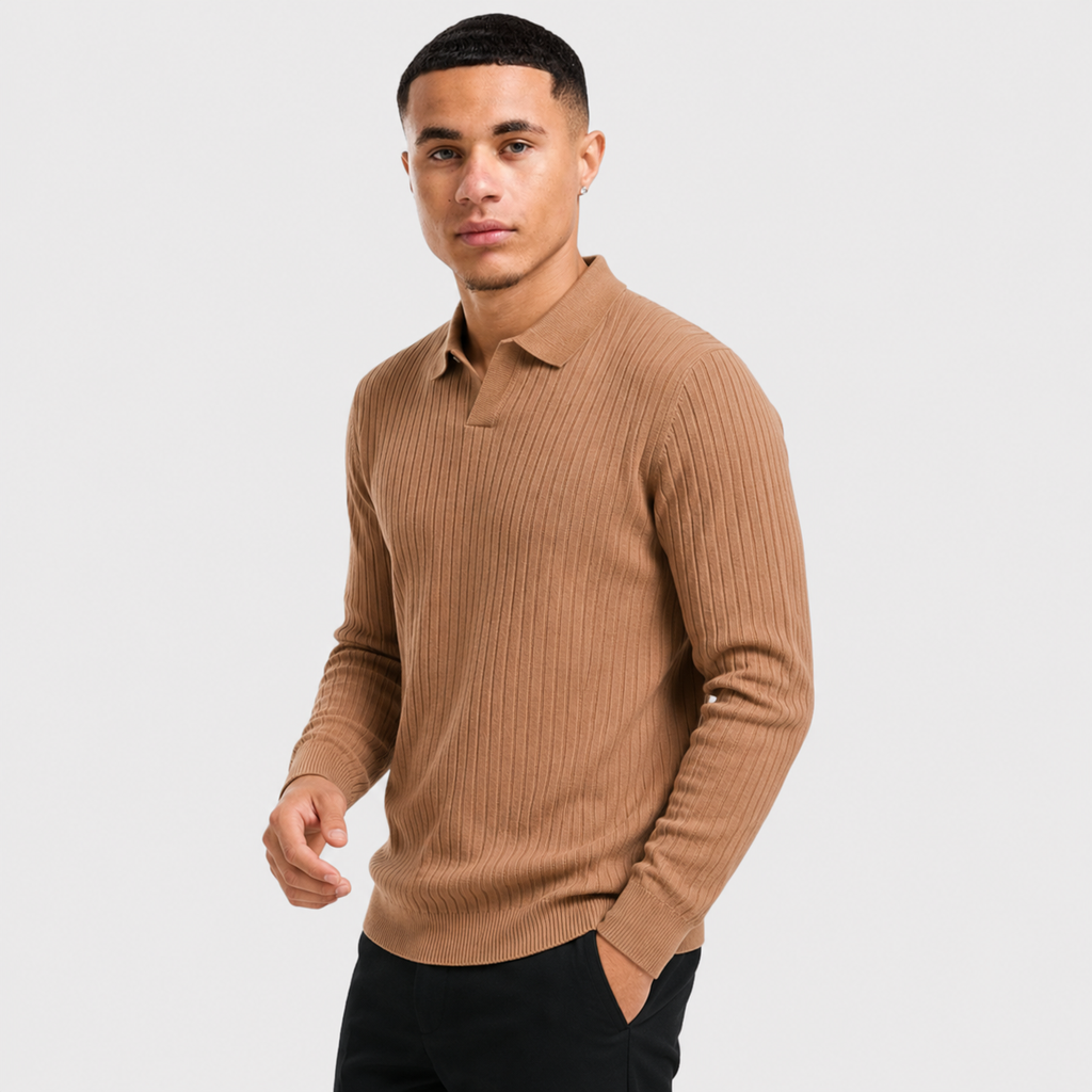 Men's Long Sleeve Polo Shirt - Waffle Knit Slim Fit