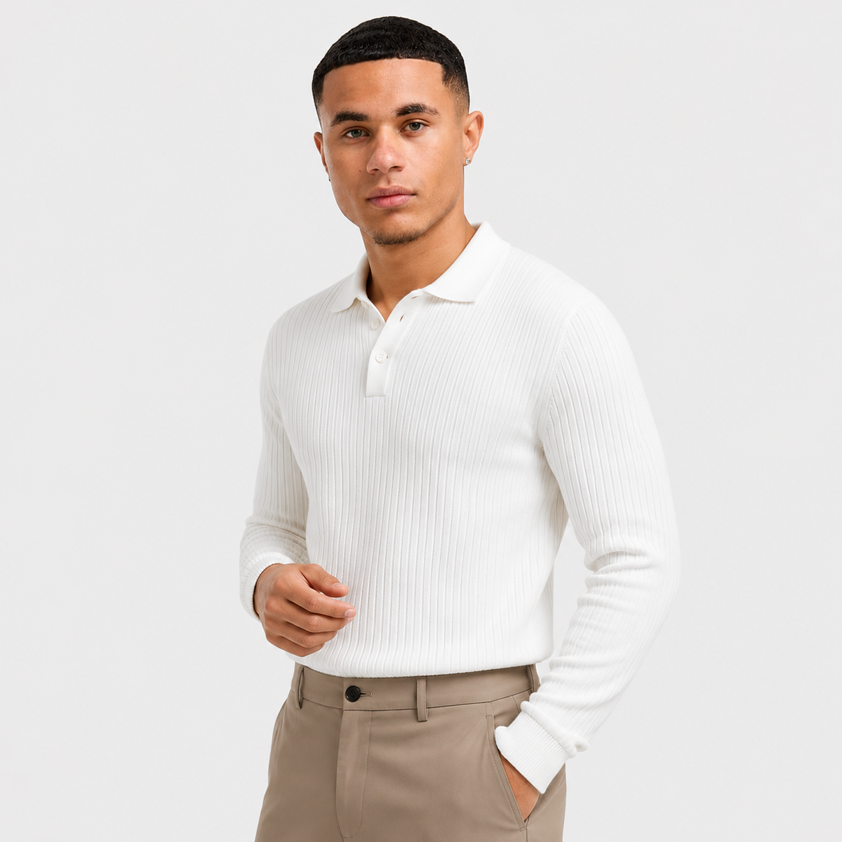 Men's Long Sleeve Polo Shirt - Waffle Knit Slim Fit