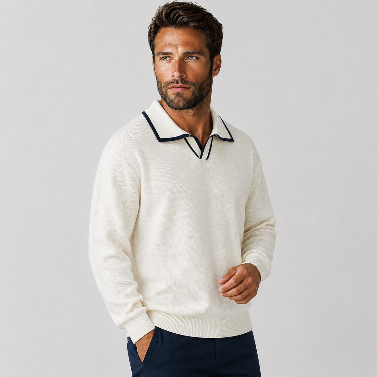 Men's Polo Collar Sweater - Loose Fit Long Sleeve Pullover