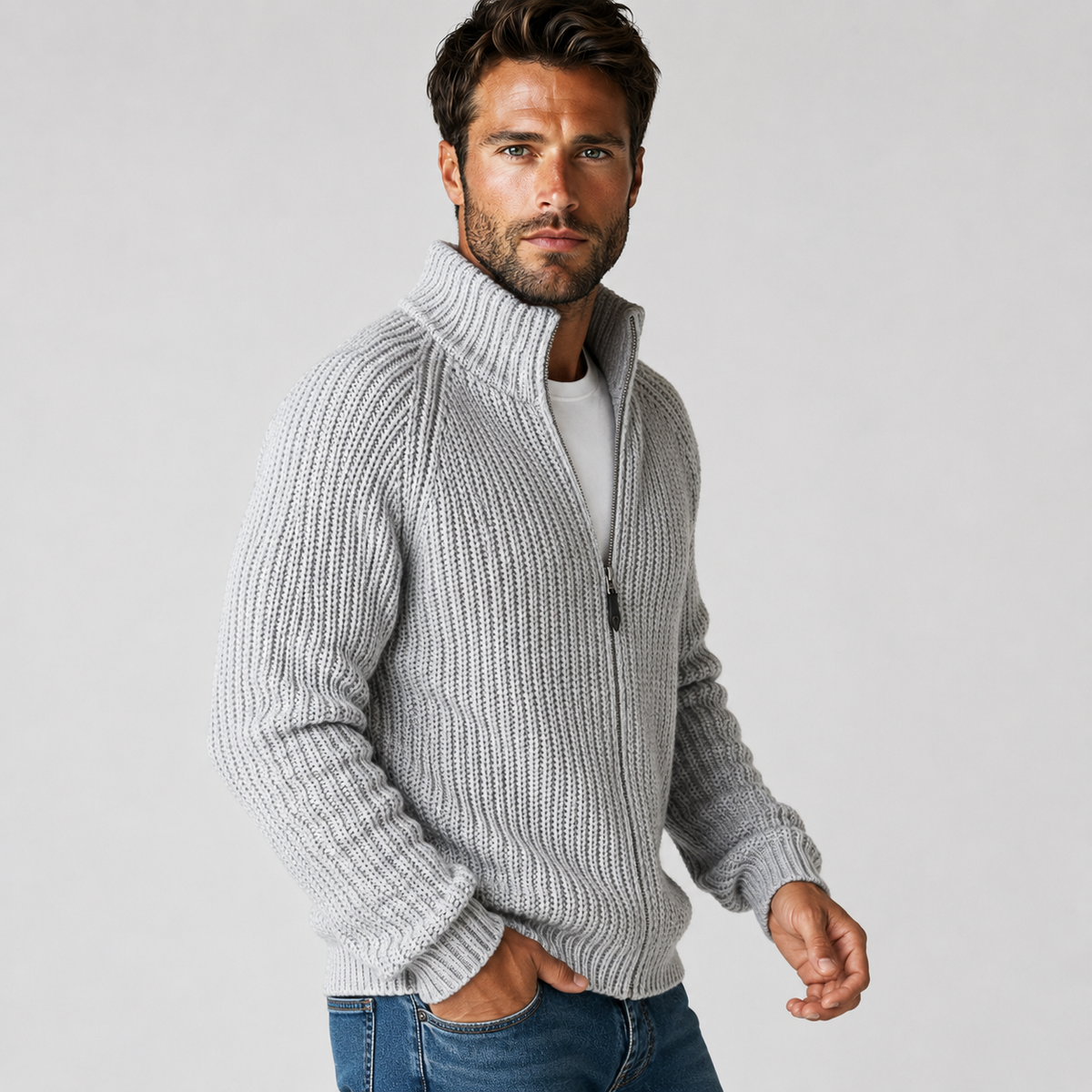 Men's Zip Cardigan - High Collar Long Sleeve Knit Sweater