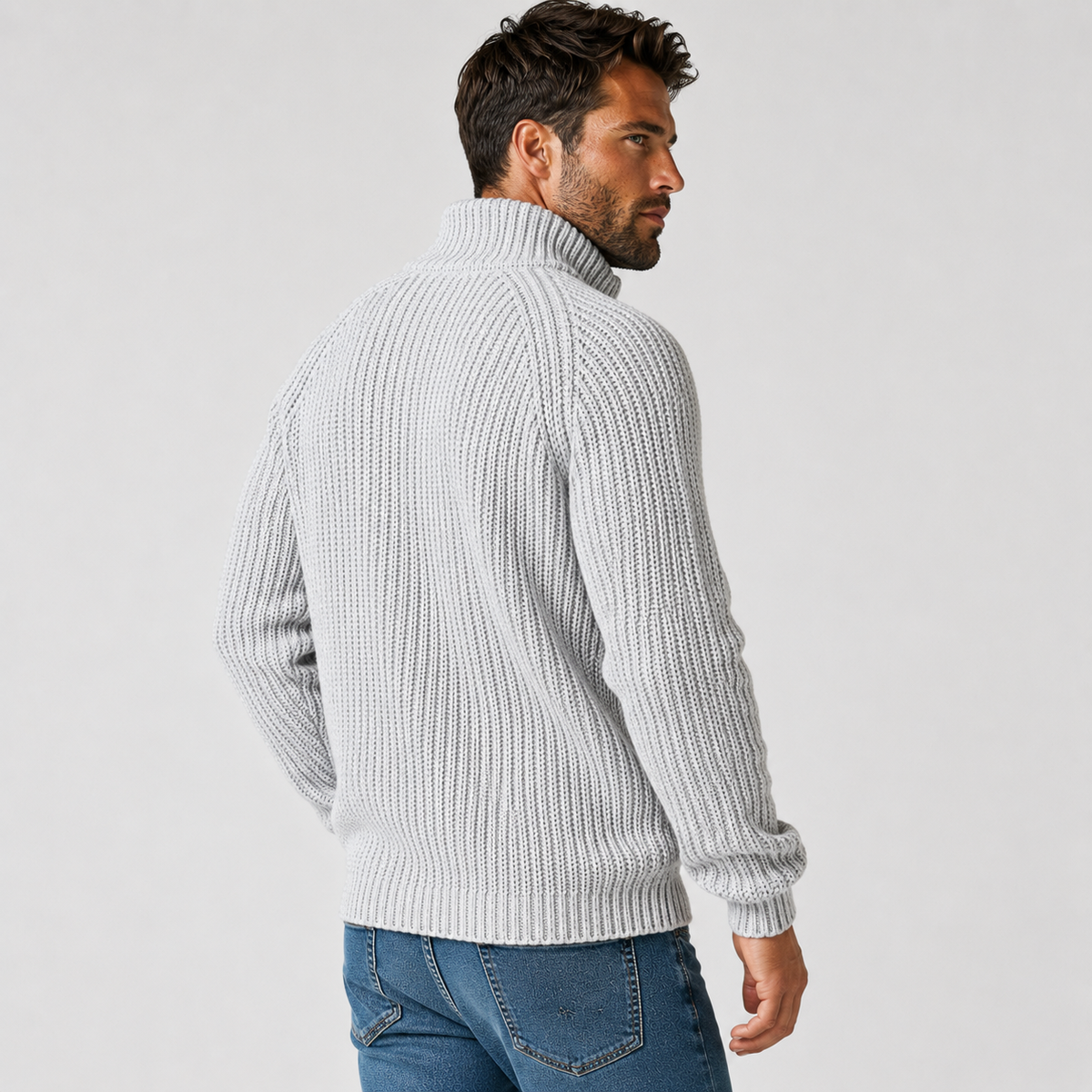 Men's Zip Cardigan - High Collar Long Sleeve Knit Sweater