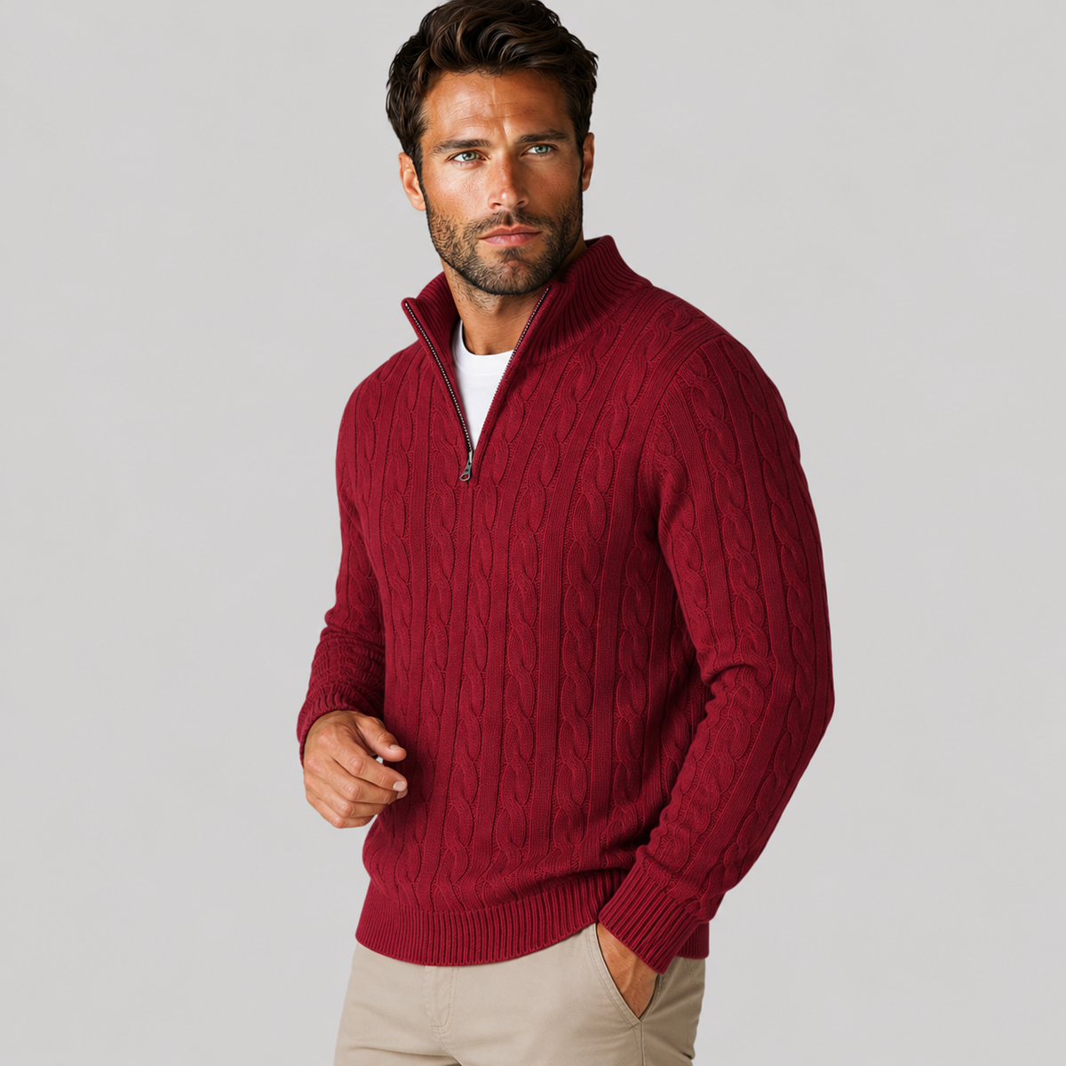 Men's Half-Zip Sweater - Cotton High Neck Long Sleeve