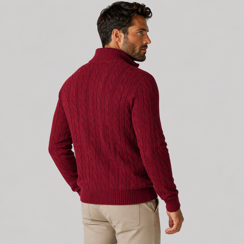 Men's Half-Zip Sweater - Cotton High Neck Long Sleeve